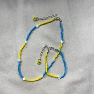 Ukrainian Beaded Jewelry Set, Blue Yellow Necklace & Bracelet, Gift